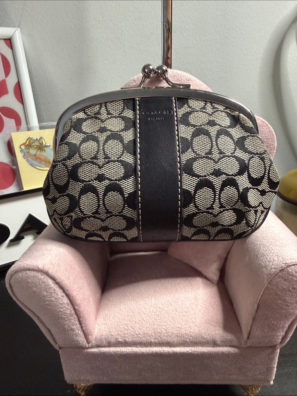 Coach Black and Tan Signature Kiss-Lock Coin Purse